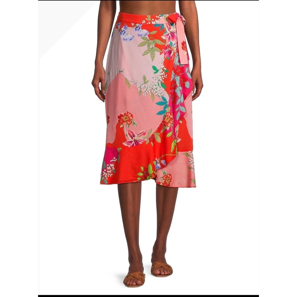Johnny Was Nanya Wrap Skirt Floral Ruffle Midi Red Pink CSW0521-N L